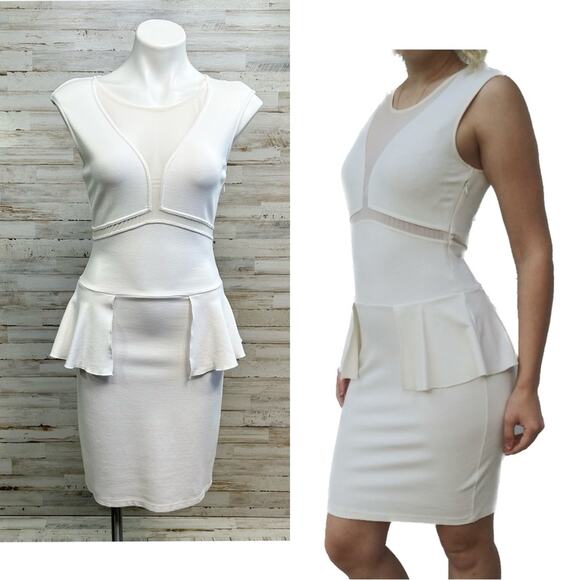 Victorias Secret Bodycon Mesh Insert Peplum Dress Womens Size 6 Cream Stretch - Picture 1 of 14